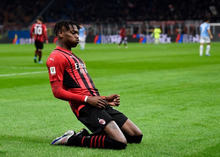 STADIO GIUSEPPE MEAZZA, MILAN, ITALY - 2022/02/09: Rafael Leao of AC Milan celebrates after scoring a goal during the Coppa Italia football match between AC Milan and SS Lazio. AC Milan won 4-0 over SS Lazio. (Photo by Nicol? Campo/LightRocket via Getty Images)
