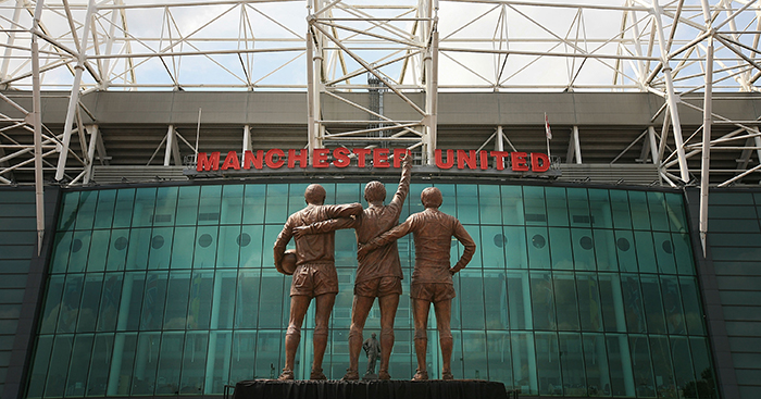 MANCHESTER, UNITED KINGDOM - MAY 29: The statue of Manchester United's 'Holy Trinity' of players stands in front of Old Trafford after being unveiled today on May 29, 2008, Manchester, England. The statue of United legends Bobby Charlton, Denis Law and the late George Best comes 40 years to the day since the club first lifted the European Cup. Charlton, Best and Law scored 665 goals between them for United and between 1964 and 1968, all won the coveted European Footballer of the Year award. (Photo by Christopher Furlong/Getty Images)