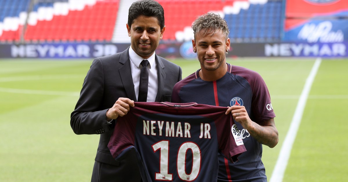 Neymar pitchside alongside Paris Saint Germain president Nasser Al-Khelaifi after a press conference at the Parc des Princes, following his world record breaking £200million transfer from FC Barcelona to Paris Saint Germain. PRESS ASSOCIATION Photo. Picture date: Friday August 4, 2017. Photo credit should read: Jonathan Brady/PA Wire. RESTRICTIONS: EDITORIAL USE ONLY