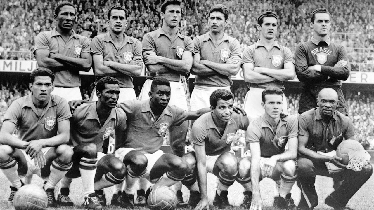 Brazil's national soccer team poses before the World Cup final against Sweden in Stockholm, June 29, 1958. Brazil defeated Sweden 5-2 to win the World Cup. (AP Photo)