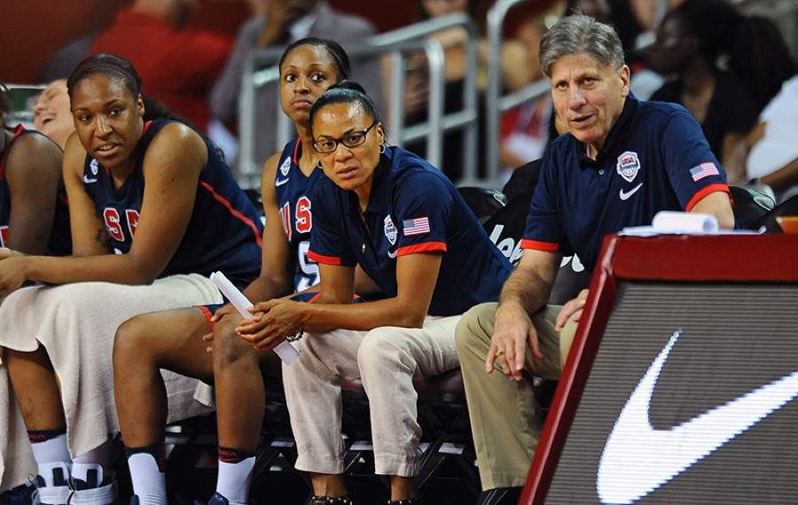 LOS ANGELES, CA - JULY 25:  Dawn Staley and Doug Bruno of the USA Women’s Select Team look on during the game against the USA Women's National Team on July 25, 2016 at Galen Center in Los Angeles, California. NOTE TO USER: User expressly acknowledges and agrees that, by downloading and or using this Photograph, user is consenting to the terms and conditions of the Getty Images License Agreement. Mandatory Copyright Notice: Copyright 2016 NBAE (Photo by Juan Ocampo/NBAE via Getty Images)