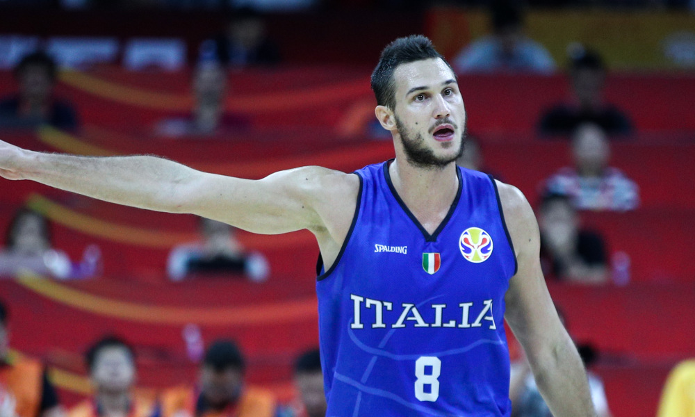 FOSHAN, CHINA - AUGUST 31: #8 Danilo Gallinari of the Italy National Team reacts against the Philippines National Team during the 1st round of 2019 FIBA World Cup at GBA International Sports and Cultural Center on August 31, 2019 in Foshan, China.  (Photo by Zhong Zhi/Getty Images)
