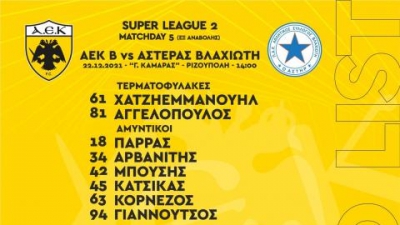 Super League 2, ΑΕΚ Β': Χωρίς Σαμπανάζοβιτς, Σταμούλη και Ραντόνια κόντρα στον Αστέρα Βλαχιώτη